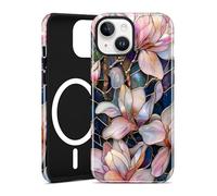 Aitipy Compatible with MagSafe Flower Phone Case for iPhone 15 Plus, Cute Magnetic Stained Glass Floral Aesthetic Soft Shockproof Protective Phone Cover for Women Girls-White Magnolia