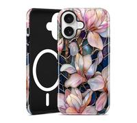 Aitipy Compatible with MagSafe Flower Phone Case for iPhone 16, Cute Magnetic Stained Glass Floral Aesthetic Soft Shockproof Protective Phone Cover for Women Girls-White Magnolia