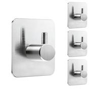 AiTodos® 4 Pack Self Adhesive Hooks, Stainless Steel Heavy Duty Sticky Hooks, Max 5kg Load Stick on Wall Hooks for Hanging Towel Coat Key, No Drill Wall Hangers for Bathroom Kitchen Door (Silver)