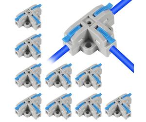 AITRIP 10pcs Compact T-Shape Lever Nut Wire Connector, 3-Way Quick Connectors, 32A 600V, AWG 28-12, Blue