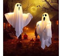 Aitsite 2-Pack Halloween Hanging Ghost Decorations with Warm White LED (3 Modes), Cute & Spooky Indoor Outdoor Ghosts for Front Yard, Window, Patio, Garden Outdoor Decor