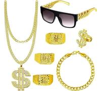 Aitsite Hip Hop Party Decorations, Rapper Costume Accessories, 80s 90s 2000s Hip Hop Costume Accessories with Glasses Dollar Chain Ring for Men Women