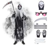 Aitsite Kids Grim Reaper Costume, Halloween Black Cloak,Polyester Hooded Cloak Skull Face Mask Skull Gloves Sickle Accessories,Halloween Fancy Dress Costume Boys,Carnival Cosplay Party Outfit