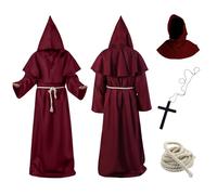 Aitsite Monk Costume Adult Men, Medieval Friar Hooded Monk Costume,Renaissance Priest Robe With Hood And Cross Necklace, Halloween Performance Cosplay Costume