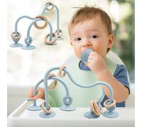 AiTuiTui Baby Teething Toys, Multi Purpose High Chair Suction Teether Toy for Toddler 0-2+ Years, Sensory Toys with Wooden Ring Suitable for 0-6 Month Infant Gifts, Blue
