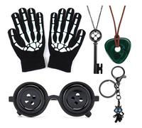 AITURINAN Wybie Costume Skeleton Gloves Key Green Stone Necklace Button Eyes Glasses Black Cat Keychain Halloween Costume Cosplay Jewelry for Women Men (13+)