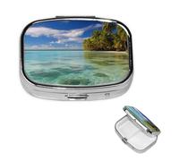 Aitutaki Lagoon, Cook Islands Pill Box 2 Compartment Square Portable Pill Case for Pocket or Purse Small Weekly Medicine Planner Travel Pillbox with Mirror Decorative Metal Vitamin Holder Gifts