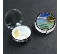 Aitutaki Lagoon, Cook Islands Pill Box 3 Compartment Round Portable Pill Case for Pocket or Purse Small Weekly Medicine Planner Travel Pillbox with Mirror Decorative Metal Vitamin Holder Gifts
