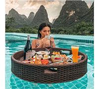 AityBuy Floating Pool Tray - Round Floating Serving Tray - Swimming Pool Floats For Pool Parties - Breakfast Tray On The Water - Rattan Woven Serving Tray - 60cm/80cm 60cm