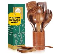 AIUHI Natural Solid Teak Wooden Cooking Utensils for Nonstick Cookware, Wooden Kitchen Utensils Set Includes Spoons, Spatulas, Strainer Spoon, Salad Fork with Holder and Spoon Rest (9PCS)