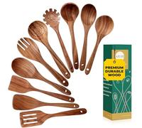 AIUHI Wooden Kitchen Utensils Set, No Scratch Wood Spatula and Spoon Set, Teak Wood Cooking Utensils Set for Kitchen Essential Tools 10 Pieces