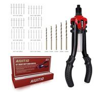 AIUITIO Rivet Gun Kit, 1/4 Pop Rivet Gun with 230 Rivets & 5 Drill Bits, 13" Heavy Duty Two-Handed Riveter Tool Set with Detachable Container for Van, Gutter & Automotive