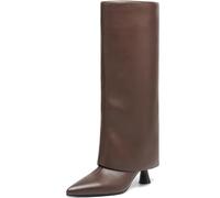 AIUNIIND Fold Over Knee High Boots for Women - Slouchy Pointed Toe, Cone Heel, Covered Wide Calf Faux Leather Dress Boots for 2025 Fall, Brown, 4.5 UK