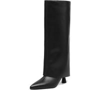 AIUNIIND Womens Knee High Boots Fold over Shark Boots Slouchy Pointed Toe, Tall Boots Faux Leather Dress Boots, Black-wide, 9 UK Wide