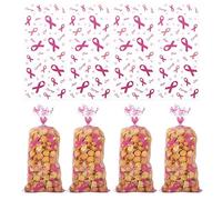 AIUPUOC 50Pcs Breast Cancer Cellophane Treat Bags Pink Ribbon Treat Bags with Equals Twist Ties Breast Cancer Awareness Pink Ribbon Candy Bag (Style-1)