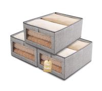 Aiuuee 3Pcs Clothes Storage Boxes, 40x30x20cm Fabric Storage Box with Handles, Collapsible Wardrobe Storage Organiser with Clear Window, Storage Baskets for Shelves, Clothes (Grey)