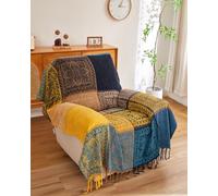 AIVIA Bohemian Throws Blankets, Chenille Woven Recliner Chair Throw Cover Futon Furniture Cover Sofa Slipcover Boho Bed Blanket - 60" x 75" Navy Teal Yellow