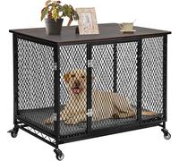 Aivituvin Dog Crate Furniture Movable Side End Table Indoor Dog Kennel for Small Medium Large Dogs Double-Doors Wooden Dog House with Cushion, Tray, Wire Floor (Black, Extra Large)