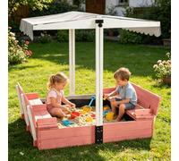 Aivituvin Sandbox with Lid and Cover for Kids, Outdoor Wood Sand box with 2 Foldable Bench Seats, Adjustable Canopy and Sand Protection Liner, 47.2" L x 47.2" W x 51.9" H