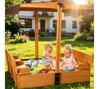 Aivituvin Sandbox with Lid and Cover for Kids, Outdoor Wood Sand box with 2 Foldable Bench Seats, Adjustable Canopy and Sand Protection Liner, 47.2"L x 47.2"W x 51.9"H