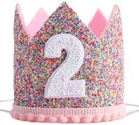 AIVYNA 2nd Birthday Hat for Birthday Party, Glitter Candy Colors Crown,Second Birthday Crown,Baby Children Kids Girl Gift,Pink Princess Decor Presents,Two Years Old, S