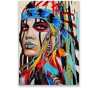 AIVYNA Native American Painting Indian Canvas Wall Art Indians Woman Girl Colorful Feathered Prints Painting On Canvas Artwork Wall Decor Picture Frameless 60×80cm