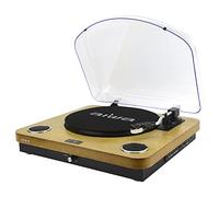Aiwa Portable Turntable - Bluetooth Record Player, 3-Speed Retro Vinyl Player, Home Turntables for Vinyl Records, Built in Stereo Speakers & Bluetooth Receiver, USB and SD, Wood Finish GBTUR-120WDMKII