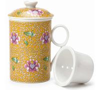 AiXception Ceramic Tea Infuser Mug with Lid, Yellow Wanhua Floral Porcelain Steeping Cup, 12 oz, 3-Piece Traditional Chinese Tea Set with Removable Filter