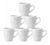 AiXception Embossed Ceramic Coffee Mug Set, 15 oz Large Vintage Bohemian Style Tea Cup with Moroccan Floral Pattern, Handmade Feel Porcelain, Creamy White, 13.5x9.5x11 cm, Set of 6