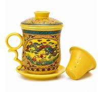 AiXception Royal Dragon Ceramic Tea Infuser Mug with Lid and Saucer, Imperial Yellow Porcelain Steeping Cup, 350ml Traditional Chinese Fine China Tea Set with Removable Filter, 4-Piece