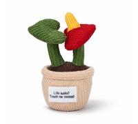 AIXINI Handmade Crochet Anthurium Potted Plant, Knitted Flower with Positive Slogan, Mini Artificial Plant Desktop Decor for Home Office, Inspirational Gift for Friends Coworkers
