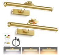 AIXPI Picture Lights for Wall, Battery Operated Wall Lights with Remote, Dimmers, Timers & 3 Color Temps, 12.6 in Rechargeable LED Metal Wall Sconces for Living Room, Artworks, Gold 2 Pack