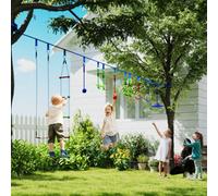 AIYAPLAY Zip Line Kit for Kids, 10-Piece Outdoor Obstacle Course for Kids, 10m Kids Slackline Kit with Monkey Bars, Swing, Climbing Ladder, Hanging Tray, Metal Rings, Gripping Balls, Multicoloured