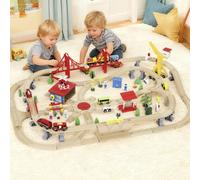 AIYAPLAY Wooden Train Set, 133 Piece Train Track for Kids, Boys and Girls Ages 3+ Years Old, Wooden Magnetic Railway Toys with Crane, Storage Box