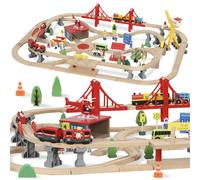 AIYAPLAY 133-Piece Wooden Train Set, Toy Train with Crane, Storage Box, for Kids Ages 3+