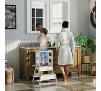 AIYAPLAY Toddler Tower, 2 in 1 Toddler Step Stool with Chalkboard, Safety Rail, Kids Standing Tower for Kitchen, Counter, Bathroom, Sink, White