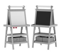 AIYAPLAY 3 in 1 Kids Art Easel, Double-Sided Magnetic Whiteboard and Chalkboard with Paper Roll, Storage Baskets, Painting Easel for Kids, Grey Aosom UK