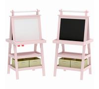 AIYAPLAY 3 in 1 Kids Easel Double-Sided Magnetic Whiteboard and Chalkboard with Paper Roll, Storage Baskets - Pink Aosom UK