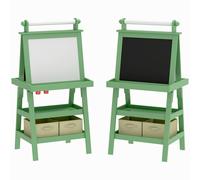 AIYAPLAY 3 in 1 Kids Easel Double-Sided Magnetic Whiteboard and Chalkboard with Paper Roll, Storage Baskets - Green Aosom UK