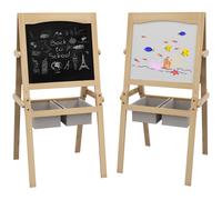 AIYAPLAY Kids Easel with Paper Roll, 3 in 1 Art Easel for Toddlers, Double-Sided Kids Whiteboard Blackboard with Storage Baskets for Ages 3-6 Years - Natural Wood Finish