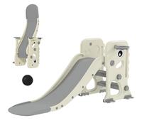 AIYAPLAY 3-in-1 Kids Slide, Foldable Dinosaur Shape Toddler Slide with Climber, Basketball Hoop and Ball, Indoor Playground Equipment for Ages 2-5, Cream White