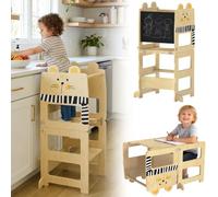 AIYAPLAY 3 in 1 Toddler Tower Montessori Inspired w/ Chalkboard, Cat-Shaped | Toddler Step Stool with Chalkboard, Kitchen Counter Bathroom Helper, Toddler Table and Chair Set for Kids 2-5Y, Natural