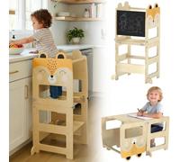 AIYAPLAY 3 in 1 Toddler Tower Montessori Inspired w/Chalkboard, Fox-Shaped | Toddler Step Stool with Chalkboard, Kitchen Counter Bathroom Helper, Toddler Table and Chair Set for Kids 2-5Y, Natural