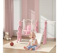 AIYAPLAY 4 in 1 Kids Slide and Swing Set with Climber, Basketball Hoop, Pink