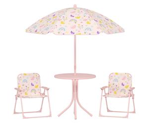 AIYAPLAY 4 Pieces Kids Garden Table and Chair Set with Adjustable Parasol, Folding Chairs, Table, Rainbow Pattern, Pink