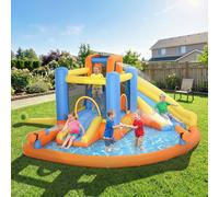 AIYAPLAY 5 in 1 Bouncy Castle for Children, Inflatable Bounce House with Dual Slides, Water Cannons, Trampoline, Splash Pool, Climbing Wall and Blower for Indoor Outdoor Fun