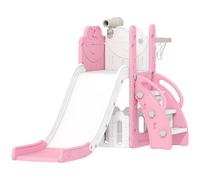 AIYAPLAY 5 in 1 Kids Slide Set with Basketball Hoop, Climbing Frame, Telescope, Storage Box for Toddlers Ages 1-3, Pink