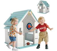 AIYAPLAY 5-in-1 Playhouse for Kids Outdoor Indoor, Garden House with Basketball Hoop, Football, Dartboard, Ring Toss, Wendy House for Kids 2-5 Years Old, Beige