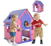 AIYAPLAY 5-in-1 Playhouse for Kids Outdoor Indoor, Garden House with Basketball Hoop, Football, Dartboard, Ring Toss, Wendy House for Kids 2-5 Years Old, Pink