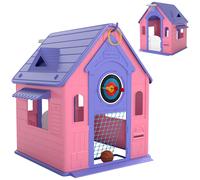 AIYAPLAY 5-in-1 Playhouse for Kids Outdoor Indoor with Basketball Hoop, Football Goal, Dartboard, Ring Toss for 2-5 Years, Pink